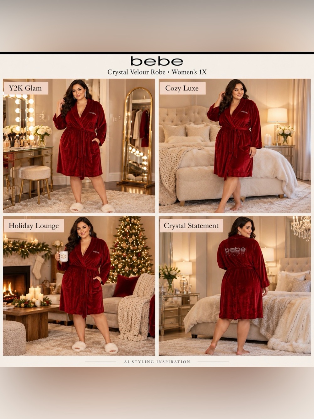Bebe Luxe Crystal Velour Logo Embellished Sash Tie Plush Robe‎ Women 1X Y2K